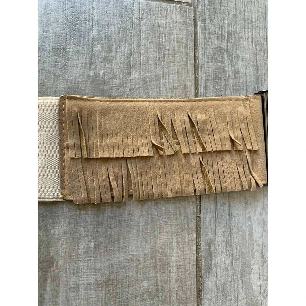 Stretch Elastic Waist Wide Belt Cummerbund Tan Faux Suede Fringe Boho M